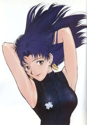 Rule 34 | 1990s (style), 1girl, absurdres, armpits, arms behind head, arms up, blue hair, breasts, brown eyes, cross, earrings, highres, jewelry, katsuragi misato, large breasts, long hair, looking at viewer, mature female, necklace, neon genesis evangelion, official art, retro artstyle, scan, smile, solo