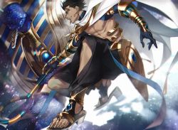 Rule 34 | 1boy, ahoge, brown hair, cape, dark-skinned male, dark skin, earrings, egyptian clothes, fate/grand order, fate/prototype, fate/prototype: fragments of blue and silver, fate (series), gloves, holding, jewelry, kiki (re 6xxx), looking at viewer, looking away, male focus, muscular, muscular male, nipples, ozymandias (fate), short hair, smile, solo, sphinx, yellow eyes