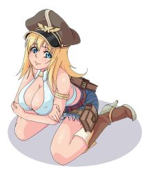 Rule 34 | 1girl, amami amayu, blonde hair, blue eyes, boots, breasts, cleavage, crossed arms, emblem, full body, hat, high heel boots, high heels, kneeling, large breasts, long hair, looking at viewer, no bra, peaked cap, pocket, ragnarok online, short shorts, shorts, simple background, sitting, smile, solo, thigh strap, wariza, white background, whitesmith (ragnarok online)