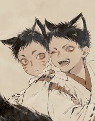 Rule 34 | 2boys, animal ears, back-to-back, black hair, brown eyes, dog boy, dog ears, dog tail, earrings, eyeliner, facepaint, frown, highres, japanese clothes, jewelry, kimono, long sleeves, looking at viewer, makeup, male focus, mame (mmgamegg), multiple boys, one eye closed, open mouth, original, partially colored, ribbon-trimmed sleeves, ribbon trim, shide, short hair, tail, upper body, wide sleeves