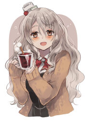 Rule 34 | 1girl, alcohol, black corset, blush, brown cardigan, brown eyes, cardigan, collared shirt, corset, cup, grey hair, hair between eyes, hatomaru (hatomaru56), highres, holding, holding cup, kantai collection, long hair, long sleeves, looking at viewer, open cardigan, open clothes, open mouth, pola (kancolle), shirt, smile, solo, upper body, white shirt, wine