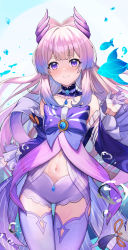 Rule 34 | 1girl, animal, bare shoulders, blush, bow, closed mouth, collarbone, commentary request, fish, genshin impact, gloves, half gloves, hand up, highres, long hair, looking at viewer, navel, ohihil, pink hair, purple bow, purple eyes, purple gloves, purple shorts, purple thighhighs, sangonomiya kokomi, short eyebrows, short shorts, shorts, smile, solo, thick eyebrows, thigh gap, thighhighs, very long hair