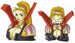 Rule 34 | 1girl, anger vein, angry, blonde hair, blush, breasts, cleavage, earrings, fang, fangs, high ponytail, hoop earrings, jewelry, large breasts, long hair, looking at viewer, marjoly, marl kingdom, nippon ichi, no bra, ponytail, puppet princess (marl kingdom), revealing clothes, rhapsody, ryoji (nomura ryouji), simple background, tagme, upper body, white background, witch