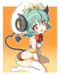 Rule 34 | + +, 1girl, arcana trust, bad id, bad pixiv id, demon tail, fang, gradient background, green hair, halftone, halftone background, hat, heart, heart tail, horns, jitsudan, looking at viewer, midriff, open mouth, pointy ears, red eyes, shinrabanshou, short hair, sitting, smile, solo, tail, thighhighs, wariza, white thighhighs