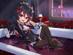 Rule 34 | 1girl, absurdres, alcohol, bath, bathing, bathtub, black dress, black hair, black thighhighs, commentary request, crossed legs, cup, curtains, dress, drinking glass, eyebrows hidden by hair, flower, fu hua, fu hua (blood voivode), fu hua (shadow knight), full moon, hair between eyes, hair flower, hair ornament, highres, honkai (series), honkai impact 3rd, indoors, ketchup bottle, long hair, long sleeves, looking at viewer, moon, night, no shoes, open mouth, partially submerged, red eyes, red flower, red moon, red rose, rose, soles, solo, spikes, teeth, thighhighs, upper teeth only, window, wine, wine glass, wucanming