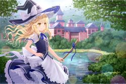 Rule 34 | 1girl, apron, black hat, black skirt, black vest, blonde hair, blue sky, bow, braid, broom, buttons, clock, clock tower, closed mouth, day, floating hair, hand on own hip, hat, hat bow, kirisame marisa, lake, lens flare, light particles, long hair, nature, outdoors, puffy short sleeves, puffy sleeves, scarlet devil mansion, short sleeves, side braid, skirt, skirt set, sky, smile, solo, summer, tadokoro teppei, touhou, tower, vest, waist apron, white bow, wind, witch hat, yellow eyes