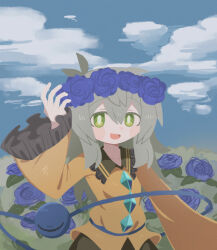 Rule 34 | 1girl, blouse, blue flower, blue rose, blue sky, blush, bright pupils, buttons, day, diamond button, film grain, flower, flower wreath, frilled shirt collar, frilled sleeves, frills, green eyes, green skirt, hair between eyes, hand up, hat, highres, komeiji koishi, long sleeves, looking at viewer, medium hair, no headwear, no lineart, no sclera, open mouth, outdoors, revision, rose, shirt, skirt, sky, smile, solo, touhou, upper body, wide sleeves, yellow shirt, zunusama