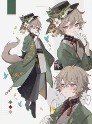 Rule 34 | 1boy, blush, brown hair, bug, butterfly, cocktail glass, cup, drinking glass, full body, gloves, grey eyes, hair between eyes, hat, highres, insect, long sleeves, looking at viewer, looking to the side, male focus, namiki itsuki, original, short hair, solo, tail, white background, wolf boy, wolf tail