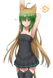 Rule 34 | 1girl, ahoge, animal ears, armpits, atalanta (fate), bare shoulders, black thighhighs, blush, breasts, brown hair, cat ears, cat tail, dress, fate/apocrypha, fate (series), garter straps, green eyes, highres, long hair, multicolored hair, one eye closed, solo, tail, tears, thighhighs, thighs
