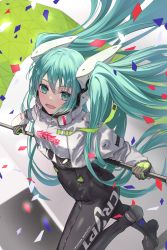 Rule 34 | 1girl, :d, absurdres, asymmetrical bodysuit, black bodysuit, bodysuit, breasts, commentary, confetti, covered navel, eyebrows hidden by hair, flag, goodsmile racing, green eyes, green hair, hair between eyes, hatsune miku, headgear, highres, holding, holding flag, jacket, long hair, looking at viewer, open mouth, racing miku, racing miku (2022), revision, shoe soles, small breasts, smile, solo, tooku0, twintails, very long hair, vocaloid, white jacket