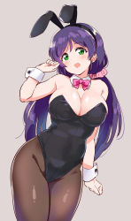 Rule 34 | 1girl, animal ears, arm up, bare shoulders, black hairband, black leotard, bow, bowtie, breasts, brown background, brown pantyhose, cleavage, cowboy shot, detached sleeves, fake animal ears, green eyes, hair ornament, hair scrunchie, hairband, head tilt, highres, kurokawa makoto, large breasts, leotard, long hair, looking at viewer, love live!, love live! school idol project, low twintails, open mouth, pantyhose, pink bow, pink bowtie, playboy bunny, purple hair, rabbit ears, scrunchie, simple background, smile, solo, tojo nozomi, twintails, wrist cuffs