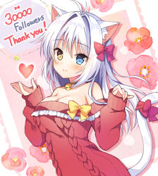 Rule 34 | 1girl, aina rive, animal ear fluff, animal ears, antenna hair, aran sweater, blue eyes, blush, bow, breasts, brown eyes, cable knit, cat ears, cat girl, cat tail, cleavage, closed mouth, commentary request, floral background, hair between eyes, hair bow, hair intakes, heart, heterochromia, large breasts, long hair, long sleeves, mauve, milestone celebration, off-shoulder sweater, off shoulder, original, red bow, red sweater, silver hair, sleeves past wrists, smile, solo, star (symbol), sweater, tail, tail bow, tail ornament, tail raised, thank you, upper body, yellow bow