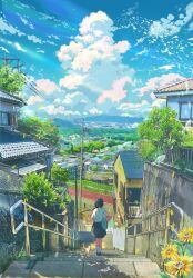 Rule 34 | 1girl, absurdres, bag, building, cat, chain-link fence, cloud, fence, flower, from above, from behind, highres, house, original, railing, rooftop, ryowelcome1, scenery, school bag, school uniform, shirt, sky, socks, solo, stairs, sunflower, tree, utility pole, walkway, white cat, white shirt, white socks