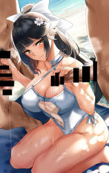 Rule 34 | 1girl, azur lane, bad id, bad pixiv id, bare shoulders, blush, breasts, cleavage, collarbone, double handjob, erection, group sex, handjob, highres, large breasts, long hair, looking at viewer, mmf threesome, multiple boys, nicky w, official alternate costume, one-piece swimsuit, penis, precum, smile, swimsuit, takao (beach rhapsody) (azur lane), thighs, threesome, white one-piece swimsuit