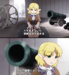 Rule 34 | 1girl, 2koma, blonde hair, blurry, blurry background, brown jacket, cannon, cannonball, comic, commentary request, day, depth of field, detached sleeves, green eyes, indoors, jacket, keanu reeves, long sleeves, mizuhashi parsee, panjandrum, parted lips, pointy ears, puffy long sleeves, puffy sleeves, purple skirt, scarf, shirosato, short sleeves, sitting, skirt, touhou, translation request, valentine, white scarf, white sleeves