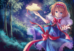 Rule 34 | 1girl, alice margatroid, ascot, asiya (joey26504), blonde hair, blue dress, blue eyes, book, bow, capelet, dress, forest, frills, hairband, nature, night, open book, sash, short hair, solo, touhou, tree
