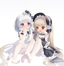 Rule 34 | 2girls, a san san, absurdly long hair, absurdres, aged down, ahoge, azur lane, black dress, black headwear, black ribbon, blonde hair, blue eyes, blush, bonnet, cellphone, chinese commentary, commentary request, covering own mouth, detached sleeves, dress, earrings, feet, flower, frilled dress, frills, gothic lolita, hair flower, hair ornament, hair ribbon, hat, highres, holding, holding phone, jewelry, knees up, little formidable (azur lane), little illustrious (azur lane), lolita fashion, long hair, looking at phone, mini hat, multiple girls, pantyhose, phone, red eyes, ribbon, rose, see-through, see-through sleeves, sitting, smartphone, soles, toes, twintails, very long hair, white dress, white flower, white hair, white headwear, white pantyhose, white rose