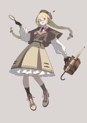 Rule 34 | 1girl, absurdres, aoto rei, arines (brown dust), beret, blonde hair, blue eyes, box, braid, brown dust 2, brown gloves, capelet, collared shirt, cross-laced footwear, dress, footwear ribbon, frilled dress, frills, gloves, hair ribbon, hat, hat feather, highres, holding, holding box, holding magnifying glass, long hair, looking at viewer, magnifying glass, necktie, open mouth, pendant watch, red-framed eyewear, ribbon, shirt, simple background, socks, toolbox, twin braids, two-tone dress, umbrella, wide sleeves