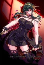 Rule 34 | 1girl, bare shoulders, black gloves, black hair, black thighhighs, breasts, cleavage, dagger, fingerless gloves, gloves, hairband, highres, holding, holding dagger, holding knife, holding weapon, knife, large breasts, lips, long hair, petals, red eyes, sidelocks, solo, spy x family, thighhighs, watermark, weapon, web address, xong, yor briar