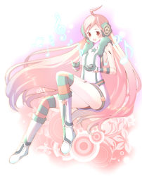 Rule 34 | 1girl, ahoge, boots, dress, female focus, full body, gloves, gradient background, headphones, headset, joints, kneehighs, long hair, musical note, red eyes, red hair, robot joints, sf-a2 miki, smile, socks, solo, striped clothes, striped gloves, striped socks, striped thighhighs, thighhighs, very long hair, vocaloid, white background, wrist cuffs, yun (pixiv)
