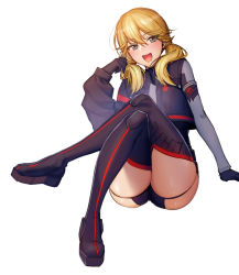 Rule 34 | 1girl, :d, alice gear aegis, arm support, ass, blonde hair, boots, commentary request, crossed legs, full body, green eyes, hair between eyes, hair over shoulder, kotomura akane, long hair, looking at viewer, low twintails, open mouth, shoukaki (earthean), sitting, smile, solo, thigh boots, thighhighs, thighs, twintails, white background