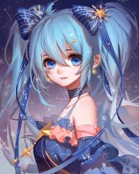 Rule 34 | 1girl, ahoge, bare shoulders, blue eyes, blue hair, blue ribbon, blurry, blurry background, bow, breasts, choker, collarbone, constellation, constellation print, cross, cross earrings, detached sleeves, earrings, eyelashes, frills, from side, hair between eyes, hair bow, hair ornament, hair ribbon, hairclip, hatsune miku, highres, jewelry, light particles, long hair, looking at viewer, medium breasts, musical note, musical note print, parted lips, quaver, ribbon, see-through, sidelocks, smile, snowflake hair ornament, snowflakes, solo, songjikyo, star (symbol), star hair ornament, treble clef, twintails, upper body, vocaloid, yuki miku
