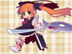 Rule 34 | 1girl, boots, copyright name, copyright notice, gagraphic, holding, holding sword, holding weapon, luggage, magical rain chan, red hair, solo, sword, wallpaper, weapon, zankuro