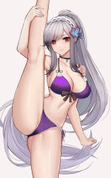Rule 34 | 1girl, arm up, armpits, azur lane, bare arms, bare shoulders, bikini, black choker, black ribbon, braid, breasts, butterfly hair ornament, cameltoe, choker, cleavage, collarbone, dunkerque (azur lane), dunkerque (summer sucre) (azur lane), eternity (shadeh), hair ornament, highres, kneepits, large breasts, leg up, long hair, navel, partially visible vulva, purple bikini, red eyes, ribbon, ringed eyes, sidelocks, simple background, solo, split, standing, standing on one leg, standing split, stomach, straight hair, swept bangs, swimsuit, thighs, very long hair, white background