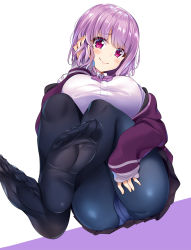 Rule 34 | 10s, 1girl, ass, breasts, feet, gridman universe, hand in own hair, hinata sora, large breasts, looking at viewer, looking down, panties, panties under pantyhose, pantyhose, purple eyes, purple hair, raised eyebrows, shinjou akane, simple background, sitting, skirt, smile, soles, solo, ssss.gridman, thighs, toes, underwear, white background