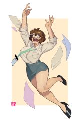 Rule 34 | 1girl, black footwear, border, breasts, brown background, brown eyes, brown hair, collared shirt, commentary, dated, english commentary, falling, glasses, high heels, highres, id card, large breasts, office lady, open hands, open mouth, original, outside border, papers, pencil skirt, shirt, shirt tucked in, short hair, skirt, snowcie, snowciel, solo, white border, white shirt