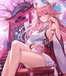 Rule 34 | 1girl, animal ears, architecture, bare legs, bare shoulders, blush, breasts, cherry blossoms, crossed legs, day, detached sleeves, dual persona, earrings, east asian architecture, falling petals, floppy ears, fox, fox ears, genshin impact, hair between eyes, hair ornament, hand in own hair, highres, japanese clothes, jewelry, legs, long hair, long sleeves, looking at viewer, medium breasts, nontraditional miko, outdoors, parted lips, petals, pink fur, pink hair, purple eyes, senkou noah, sideboob, sitting, smile, stairs, tassel, teeth, torii, turtleneck, very long hair, wide sleeves, wind, yae miko, yae miko (fox)