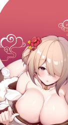 Rule 34 | 1girl, bare shoulders, blush, breasts, choker, cleavage, earrings, flower, hair flower, hair ornament, hair over one eye, highres, honkai (series), honkai impact 3rd, jewelry, kana (ky4696), large breasts, light brown hair, looking at viewer, mole, mole under eye, open mouth, purple eyes, rita rossweisse, short hair, solo