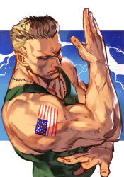 1boy american_flag_tattoo blonde_hair frown green_tank_top guile hungry_clicker jewelry looking_at_viewer male_focus muscular muscular_male necklace serious short_hair solo street_fighter_(movie) tank_top tattoo upper_body