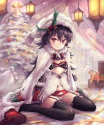 Rule 34 | &gt;:), 1girl, bell, black hair, black thighhighs, boots, breasts, christmas, christmas ornaments, christmas tree, cloak, closed mouth, commentary request, dress, full body, fur-trimmed boots, fur-trimmed cloak, fur-trimmed headwear, fur-trimmed sleeves, fur trim, gloves, hair between eyes, hair ornament, hat, illya (christmas) (princess connect!), illya (princess connect!), illya (small) (princess connect!), lantern, long hair, long sleeves, no shoes, ouka (ra-raradan), princess connect!, red eyes, red footwear, red gloves, santa hat, sitting, small breasts, smile, solo, thighhighs, unworn boots, unworn footwear, v-shaped eyebrows, very long hair, wariza, white cloak, white dress, white hat