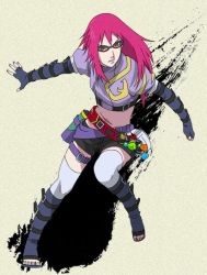 Rule 34 | 1girl, alternate costume, belt, belt pouch, black-framed eyewear, blue footwear, blue gloves, boots, crop top, female focus, fingerless gloves, full body, glasses, gloves, jpeg artifacts, karin (naruto), long hair, looking at viewer, midriff, naruto (series), naruto shippuuden, official art, pink hair, pouch, puffy short sleeves, puffy sleeves, red eyes, scroll, serious, shoes, short shorts, short sleeves, shorts, solo, standing, standing on one leg, thigh strap, thighhighs, third-party source, toeless footwear, toes, white thighhighs