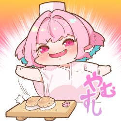 Rule 34 | 1girl, :d, ahoge, blue hair, breasts, chibi, colored inner hair, cutting board, dumpling, emphasis lines, fang, food, food request, hat, idolmaster, idolmaster cinderella girls, jiaozi, large breasts, looking at viewer, multicolored hair, open mouth, pink eyes, pink hair, short sleeves, slapping, smile, solo, takato kurosuke, translation request, wide sleeves, yumemi riamu