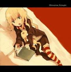 Rule 34 | 1girl, alternate eye color, alternate hair color, animification, bad id, bad pixiv id, blonde hair, book, cat, character name, crookshanks, fuukadia (narcolepsy), green eyes, harry potter (series), hermione granger, kneazle, long hair, lying, multicolored clothes, multicolored legwear, open mouth, robe, scarf, socks, solo, striped clothes, striped scarf, striped socks, striped thighhighs, thighhighs, wand, wizarding world