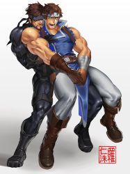 Rule 34 | 2boys, bandages, bara, bare shoulders, black bodysuit, blue eyes, bodysuit, brown hair, castlevania (series), chain, covering privates, covering crotch, crossover, face, frottage, full body, gloves, grabbing, groping, headband, high collar, highres, leg between thighs, male focus, metal gear (series), multiple boys, muscular, na insoo, paid reward available, pectoral grab, pelvic curtain, richter belmont, shoes, single glove, sleeveless, solid snake, thick thighs, thighs, tight clothes, yaoi, yellow eyes