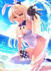 Rule 34 | 1girl, :d, absurdres, alternate costume, animal ears, armpits, beach, black footwear, black gloves, blonde hair, blue bow, blue sky, blush, bow, breasts, checkered clothes, cleavage, cloud, cloudy sky, covered navel, criss-cross halter, dark-skinned female, dark skin, day, detached collar, fake animal ears, fake tail, foot out of frame, foreshortening, gloves, hair between eyes, hair bow, hair intakes, halter leotard, halterneck, high heels, highres, hololive, kneeling, leotard, long hair, looking at viewer, medium breasts, multicolored hair, ocean, open hand, open mouth, outdoors, outstretched arm, partially fingerless gloves, playboy bunny, rabbit ears, rabbit tail, red eyes, shiranui flare, shiranui flare (old design), single thighhigh, sky, smile, solo, splashing, tail, tassel, thighhighs, thighs, tsurugi hikaru, two-tone hair, virtual youtuber, water, wet, wet clothes, wet leotard, white hair, white leotard, wrist cuffs