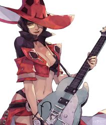 1girl absurdres black_hair electric_guitar guilty_gear guilty_gear_strive guitar hat highres i-no instrument jacket red_hat red_jacket short_hair simple_background solo subakeye sunglasses tinted_eyewear white_background witch_hat yellow-tinted_eyewear