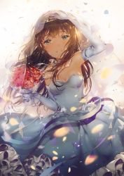 Rule 34 | 10s, 1girl, bad id, bad pixiv id, bouquet, breasts, bridal veil, brown hair, cleavage, dangmill, dress, elbow gloves, flower, gloves, green eyes, highres, idolmaster, idolmaster cinderella girls, jewelry, long hair, necklace, pearl necklace, petals, shibuya rin, solo, tiara, veil, wedding dress, white dress
