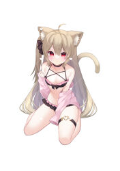 Rule 34 | 1girl, ahoge, animal ear fluff, animal ears, bare shoulders, bikini, bikini under clothes, black bikini, blush, bow, breasts, brown bow, brown hair, cat ears, cat girl, cat tail, chitetan, collarbone, commentary request, copyright request, frilled bikini, frills, full body, hair between eyes, hair bow, hand up, heart o-ring, jacket, long hair, long sleeves, off shoulder, one side up, open clothes, open jacket, pink jacket, puffy long sleeves, puffy sleeves, red eyes, simple background, sitting, sleeves past fingers, sleeves past wrists, small breasts, solo, swimsuit, tail, thigh strap, very long hair, virtual youtuber, wariza, white background