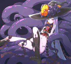 Rule 34 | 1girl, abigail williams (fate), abigail williams (third ascension) (fate), black bow, black hat, black panties, bow, colored skin, fate/grand order, fate (series), hair bow, hat, hat bow, highres, holding, keyhole, long hair, orange bow, panties, parted bangs, polka dot, polka dot bow, red eyes, solo, tentacles, topless, tostos, underwear, very long hair, white hair, white skin, witch hat