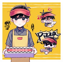 Rule 34 | 2boys, anger vein, angry, antenna hair, apron, black eyes, black hair, blush, border, box, bright pupils, buttons, clenched teeth, closed mouth, collared shirt, flying sweatdrops, food, grey shirt, hair between eyes, hat, highres, holding, holding box, holding food, holding pizza, looking at viewer, male focus, multiple boys, omori, omori (omori), open mouth, outside border, paper, pizza, pizza box, pizza slice, red headwear, shirt, short hair, short sleeves, simple background, solo focus, something (omori), speech bubble, straight-on, sunny (omori), sweatdrop, teeth, upper body, v-shaped eyebrows, visor cap, wavy mouth, white border, white pupils, wing collar, yellow apron, yellow background, yutsu