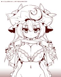 Rule 34 | 1girl, :&lt;, betei, bow, bra, breasts, cleavage, clothes lift, covered erect nipples, crescent, crescent hair ornament, female focus, hair bow, hair ornament, lace, lace bra, large breasts, long hair, monochrome, navel, no panties, patchouli knowledge, raised eyebrow, shirt lift, sketch, solo, touhou, underwear