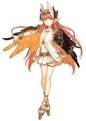 Rule 34 | 1girl, absurdres, bracelet, breasts, breath, brown wings, circe (fate), circlet, cross-laced footwear, cross-laced sandals, dress, fate/grand order, fate/samurai remnant, fate (series), feathered wings, full body, head wings, high heels, highres, jewelry, long hair, looking at viewer, multicolored eyes, multicolored hair, nail polish, navel, necklace, official art, orange hair, pink hair, pointy ears, skirt, small breasts, smile, solo, thighlet, wataru rei, white dress, wings