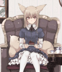 Rule 34 | 1girl, animal ears, armchair, cake, cake slice, chair, coffee table, cup, cushion, dress, fluffy, food, fox ears, fox tail, frilled shirt collar, frills, holding, holding plate, juliet sleeves, light brown hair, lolita fashion, long sleeves, looking at viewer, original, pantyhose, plate, puffy sleeves, purple eyes, ribbon, saucer, sitting, solo, table, tail, teacup, teapot, touma kisa, white pantyhose