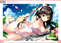 Rule 34 | 1girl, artist name, azur lane, black hair, blue sky, blush, bow, breasts, brown eyes, cleavage, closed eyes, cloud, cloudy sky, day, hair bow, halterneck, highres, large breasts, long hair, looking at viewer, lying, on side, one-piece swimsuit, oryo (oryo04), outdoors, page number, petals, ponytail, scan, see-through, sky, solo, swimsuit, takao (azur lane), takao (beach rhapsody) (azur lane), thighs, water, white one-piece swimsuit