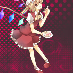 Rule 34 | 1girl, blonde hair, cake, cake slice, female focus, flandre scarlet, food, fork, fruit, heart, mary janes, pastry, pigeon-toed, plate, red eyes, shoes, socks, solo, strawberry, strawberry shortcake, suzumura tomo, tongue, tongue out, touhou, wings