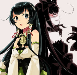 Rule 34 | 10s, 2girls, abyssal ship, back-to-back, bare shoulders, black bow, black dress, black hair, blue eyes, bow, claws, dark persona, detached sleeves, dress, gauntlets, gothic lolita, grey background, hair bow, hair tubes, japanese clothes, kantai collection, kimono, large bow, lolita fashion, long hair, looking to the side, mizuho (kancolle), multiple girls, r-king, red eyes, seaplane tender princess, strapless, strapless dress